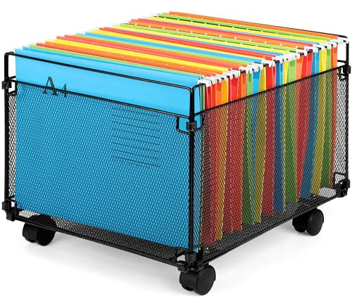 Belle Vous Schreibtisch-Dokumentenhalter - A4 Dokumenten-Organizer - Metallgitter mit Rollen - Für 80 Ordner - Hängeregister Box - Hängemappen - Hängemappenbox - Schwarz