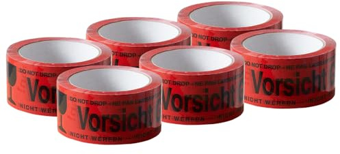 ARLI Paketband Vorsicht Glas 6 Rollen Paketklebeband - 66m x 48mm Warnhinweis rot für sicheren Versand von Glaswaren Auffälliges rotes Klebeband mit Aufdruck zerbrechlich (6x Vorsicht Glas)