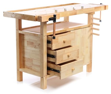 Wiltec Hobelbank 126 x 50 x 84 cm aus Holz, Werkbank bis 150 kg, Werktisch mit Spannzangen, Schubladen und Gerätefach, Arbeitstisch aus Rubberwood