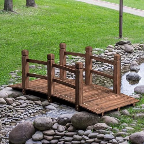 QIANMEI Gartenbrücken 140 cm Große Hölzerne Gartenbrücke, Bogengebeizte Dekorative Fußgängerbrücke Mit Doppeltem Sicherheitsgeländer, Begehbare Gartenbrücke for Den Außenbereich