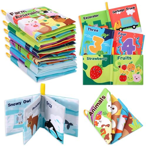 6 Pack Baby Bath Books Baby Crinkle Soft Cloth Book Toys Sensory Book With Animals,Fruits,Numbers,Cars For Babies 0-6 Months Educational Learning