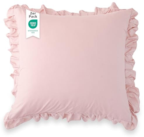 TOCOMOA Kissenbezug 80x80 2er Set - Rüschen Kissenbezüge Öko-Tex Zertifiziert, Kissenhülle Weich und Hypoallergen, Kopfkissenbezug 80x80cm mit Hotelverschluss Rosa