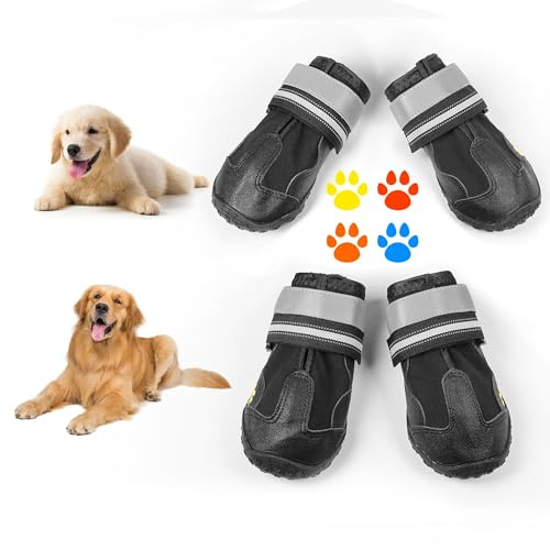 PVUEL 4 Piezas Zapatos para Perros, Transpirables con Suela Antideslizante, Hebillas Reflectantes, Adecuadas para Perros pequeños y medianos, Actividades al Aire Libre en Negro,(Talla 1)