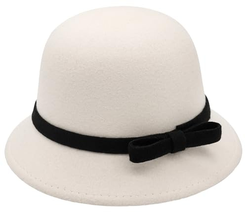 BAOKELAN Cappello da donna in feltro a cloche vintage a bombetta, Fiocco bianco e nero, Taglia unica