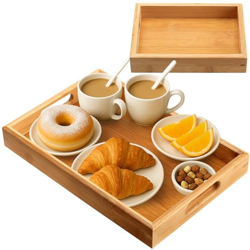 2 Stk Tablett Serviertablett Holztablett Rechteckig, Bambus Küchentablett mit Griffen, Holz Frühstückstablett, Servierplatten & Tabletts Esstablett für Küche Café Getränke(20x15x4 cm/30x20x4 cm)