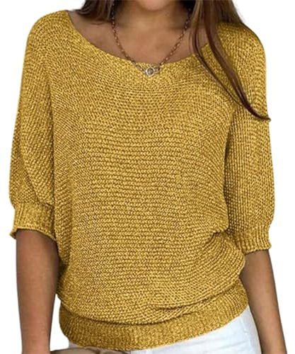 Générique Pulls pour Femme, Pull léger en Maille Unie, Ample, col Rond, Manches 3/4, Crochet, Grande Taille (Yellow,TG)