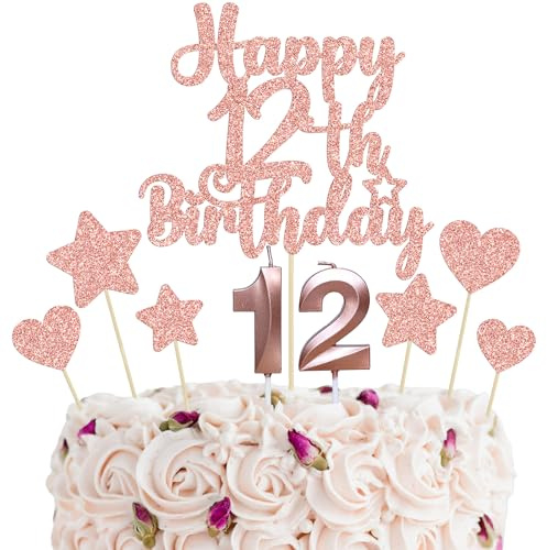 Gyufise 15Pcs Happy 12th Birthday Cake Topper Set Heart Star Glitter Cheers to 12 Years Cake Picks Number 12 Candles Cake Decorations for Happy 12th Birthday Anniversary Party Supplies Rose Gold
