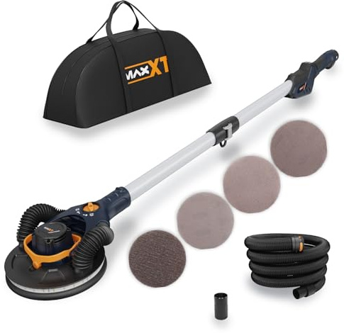 MAXXT Brushless Trockenbauschleifer - 4mm Exzentrik, Dual-Kanal Deckenhaftung, Einzel-/Dualkanal für Trockenbauwand, 4000-8500 U/min, LED-Licht, klappbar, 400W, 1,65M lang, 215mm Pad