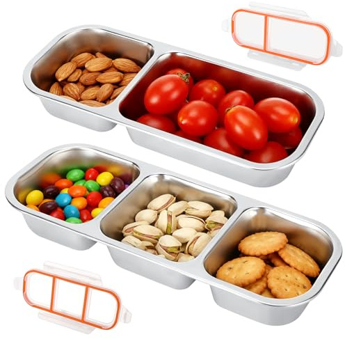 2 Pezzi Contenitore per Pranzo in Acciaio Inox a 2 Scomparti, Portamerenda con 3 Scomparti, Scatola per Snack con Scomparti, Conservazione Degli Alimenti, Portamerenda per Scuola, Picnic, Viaggi