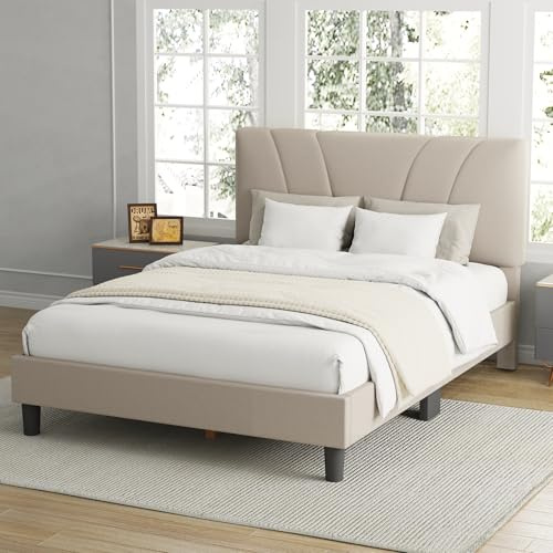 Avenco Queen Bed Frame, Upholstered Platform Bed Frame with Adjustable Headboard, Wood Slat Support, Easy Assembly, No Box Spring Needed, Beige