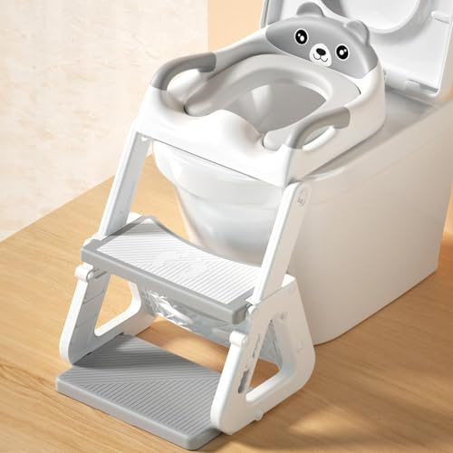ITMNMNL Adaptador WC Niños con Escalera,Reductor WC Niños,Adaptador Baño para Niños,Escalera WC para Niños,Ajustable,Plegable,PVC Cojín Acolchado,Antideslizante,para Inodoros en Forma de V, U o O