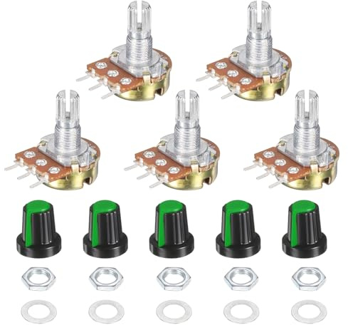 sourcing map 5 Set WH148 50K Potentiometer Kit, Ohm Variable Resistor Linear Taper Adjustable Rotary Potentiometer for Audio Applications Devices with Plastic Knobs Nuts and Washers, Green