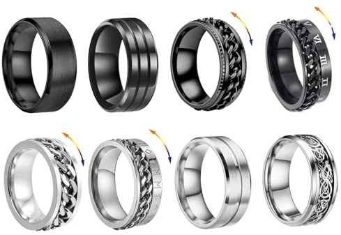 Uwiyo 8 anillos giratorios para hombre, anillos de acero inoxidable para aliviar la ansiedad, cadena giratoria de plata negra, anillo de ansiedad para hombres y niños regalo para el día del padre