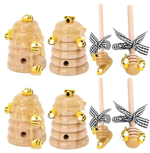 Bee Hive Decor and Honeycomb Garland Set, 2 Packs with 4 Beehives and 4 Bee Sticks, themed Party Decorations for Birthday Celebrations and Farmhouse Table Centerpieces