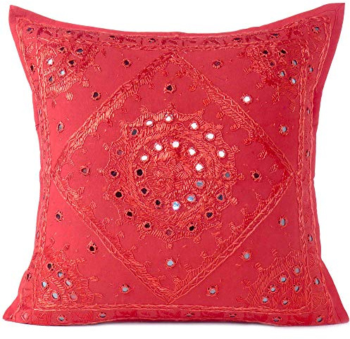 Eyes of India Embroidered Decorative Boho Throw Pillow Cover with Mirrors, Handmade Bohemian Accent Cushion Case for Sofa Couch Bedroom Living Room (Red, 16 x 16)