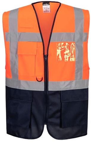 Portwest C476 Warszawa Verkställande Väst Reflekterande Tejp Hög Synlighet | Orange/Marinblå, M, EN ISO 20471 Klass 1, Unisex, 7 Fickor, Normal Passform, Polyester, Öppning med Dragkedja, Lättvikt