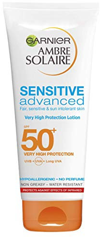 Garnier Ambre Solaire Sensitive Hypoallergenic Sun Cream SPF 50+, Fair Sensitive Skin, High SPF Factor 50+, Water Resistant & Non Greasy Sunscreen, No Perfume & Colourants, UVA & UVB Protection, 200ml