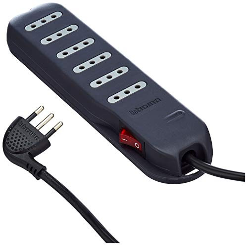 BTicino 3630GB Ciabatta Multipresa Slim6 Appendibile con Interruttore Laterale Luminoso, 6 Prese, 10A, 2200 W, 250 V, Nero