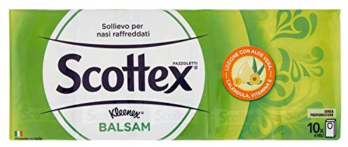 Scottex Balsam Fazzoletti, Con Balsamo protettivo, Dermatologicamente testati, 10 Pz, Confezione da 10 Pacchetti di Fazzoletti di carta