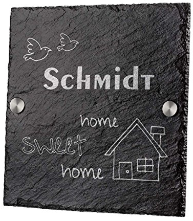 polar-effekt Personalisiertes Türschild mit Name - Geschenkidee für Ehepaare und Familien zum Einzug - Schieferplatte 20x20cm Schiefertafel mit Gravur - Motiv Home Sweet Home