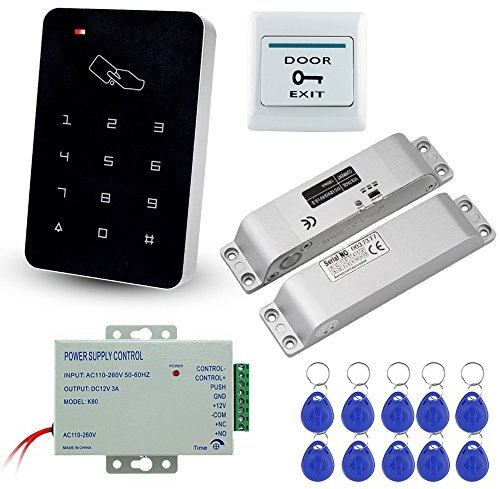LIBO Kit Completo di Tastiera di Controllo Accessi RFID con Serratura Elettrica DC12V Serratura Elettronica Bullone, 3A Alimentatore, Pulsante di Uscita, Schede chiave ID 10 pz
