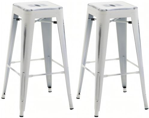 CLP Lote de 2 taburetes de Bar Joshua I Taburetes de Bar apilables de Metal I Taburetes de Bar con reposapiés I Altura del Asiento 76 cm I Taburete apilable Color Blanco Envejecido