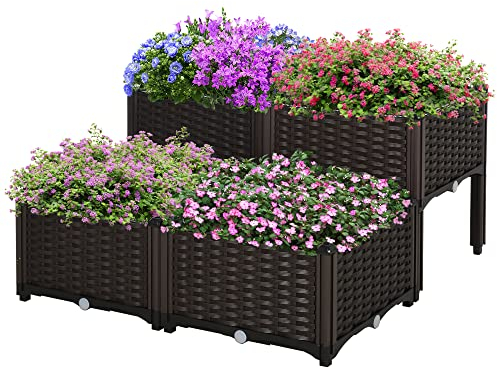 Outsunny Set 4 Pezzi Fioriere da Esterno Autoirriganti Rialzate Letto da Giardino Rialzato per Fiori Effetto Rattan in PP, Marrone