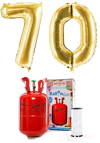 Party Factory – Helium Gasflasche 200L im Set mit XXL Zahlenballon 70 Gold – Partydeko Ballongas Flasche mit Folienballon & 40 m weißer Ballonschnur – Einwegflaschen mit Knick-Füllventil
