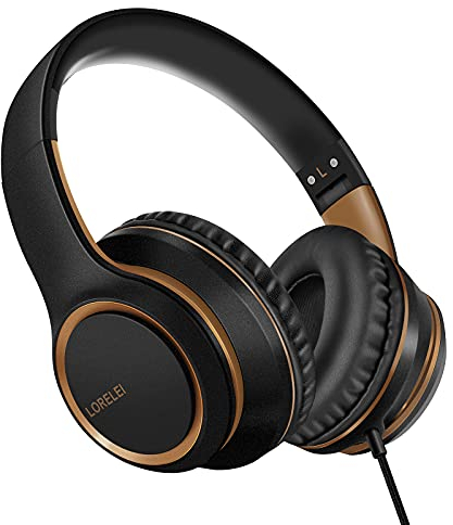 LORELEI X8 Over-Ear-Kopfhörer mit Mikrofon mit 1,45 m verwicklungsfreier Nylonschnur und 3,5-mm-Stecker, leicht, faltbar und tragbar, für Smartphone, Tablet, Computer, MP3/4, （Schwarz/Gold）