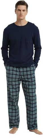GLOBAL Homme Pyjama Flanelle Ensembles de Pyjama Homme Coton Vêtements de Nuit Haut Deux Pièces Chaud Pyjama Sets Col Rond à Manches Longues,M