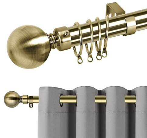 Hafaa Curtain Poles Plain Metal Ball Adjustable Decorative Window Curtain Pole Includes 120 to 210 cm Extendable Curtain Rod, 60mm Size Classic Finials, Rings, Brackets & Fittings Set, Antique Brass