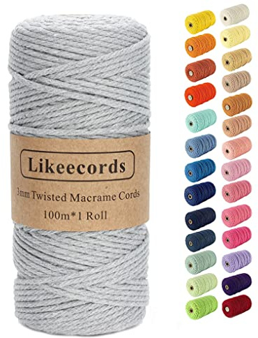 Likeecords Beige makramésnöre 3 mm x 110 yards (101 m), färgat makramésnöre, bomullssnöre, makramégarn, färgglatt bomullspysselsnöre för upphängning, växthängare, pyssel, stickning (ljusgrå)