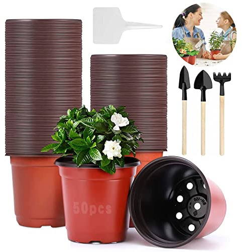 50 stycken såddkoppar, 15 cm blomkrukor, planteringskärl, utomhuskruka, planteringskärl för inomhus- och utomhusbruk, levereras med 10 växtetiketter och 3 trädgårdsredskap