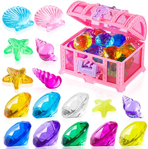 NHBTYKL 28 Pcs Colorful Diving Gem Pool Toys Set with Treasure Pirate Box Swimming Gem Pirate Diving Toys Underwater Toy for Pool Use Treasures Sets (Multicolor 30-40mm)