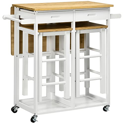 HOMCOM Bamboo Breakfast Cart with Drop Leaf Table and 2 Stools