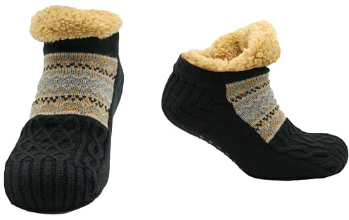 Sock Stack Pantoufles courtes nordiques confortables pour homme et femme - Chaussettes tricotées en laine tricotée avec doublure Sherpa pelucheuse - Chaussons de lit confortables, Fair Isle Noir, 4/7