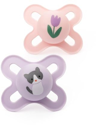 MAM Original Start Soothers | 0-2 Months | 2 Pack | Newborn Dummies | Comes in Dummy Steriliser Case | Sustainable Materials | Baby Accessories for Newborn | Pink/Lilac (Various Designs)