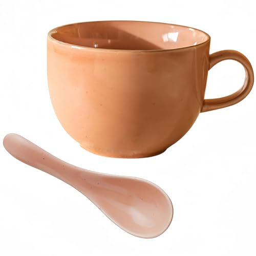 Dowbom Tazza da zuppa con manico e cucchiaio, ciotola per zuppa per microonde, tazza da zuppa in ceramica, ciotola per colazione, tazza da brodo, tazza da brodo (rosa rossa, 680,4 g)