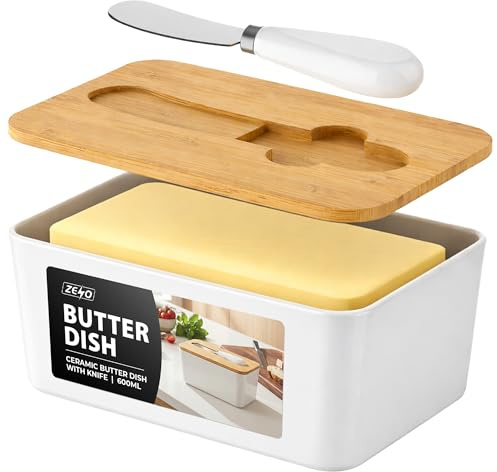 ZENO Butter Dish with Lid | Ceramic Butter Dish with Knife | Large 600ml Capacity | Double Silicone Seal & Airtight Lid | Keeps Butter Fresher for Longer | Fits All Types of Butter