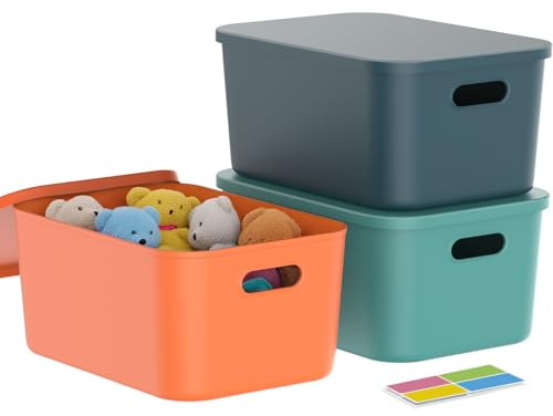 johgee 3er-Set Aufbewahrungsbox mit Deckel, PP Kunststoff, 3 x 15.7L (36.5 x26 x16.5 cm), Buntmix (1 Orange/1 Blau/1 Grün)