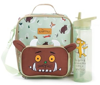 Gruffalo & Friends Kids Lunch Bag and Bottle Set in Green | Character Face Design Featuring The Mouse | Zip-Up Carry Handle with Adjustable Strap | The Merch