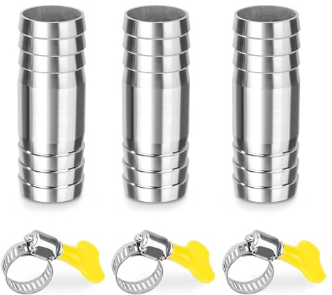 Recto Manguera Barb de Acero Inoxidable, 3 Piezas 24x65mm Conector de Lengüeta con Abrazaderas, 2 vías en Forma de I Racores de Manguera Adaptador para Agua, Aire
