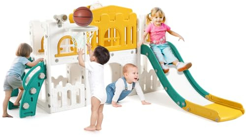 Kids Slide 8 In 1, Large Toddler Slide Playground Outdoor & Indoor With Basketball Hoop, Climber, Telescope, Tunnel and Storage Space, Freestanding Slides for Age 1-3