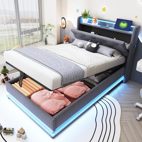 Oslghy Letto Imbottito 90x200 cm, Letto Singolo per Bambini con LED Luci e USB Porta, Modern Struttura del Letti Idraulico con Contenitore Testiera, Tasca e Rete a Doghe, Lino,Senza Materasso (Grigio)