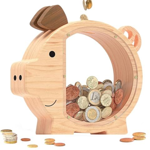 Spardose Kinder und Erwachsene, Personalisiertes Durchsichtig Sparschwein aus Holz, Kleines Schweinchen Sparschwein für Münzen, Bargeld, Geburtstags und Einschulungsgeschenke (Natürliche Holzfarbe)