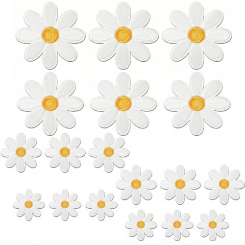 KERYBW 18 piezas de parches de margaritas para planchar, parches de flores para planchar, parches de fieltro para ropa, vaqueros, bolsos y proyectos creativos de bricolaje (3 tamaños)