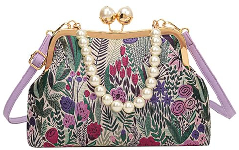Bolso cruzado de cadena de perlas retro, estilo tradicional, bolso de hombro con diseños de flores bordadas, estilo tradicional, Purple, Medium