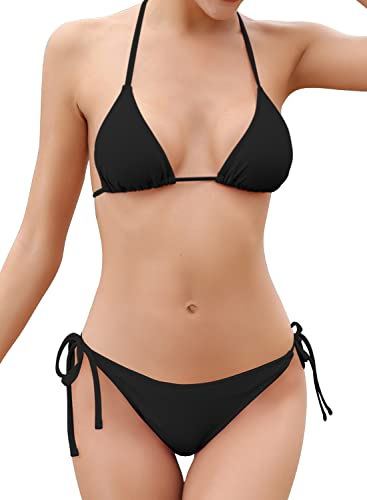 SHEKINI Bikini Damen Set Sexy Klassischer Triangel Rückenfrei Bikinioberteil Verstellbare Zweiteiliger Badeanzug Niedrige Taille Ruched Bikinihose für Frauen（S, Schwarz）