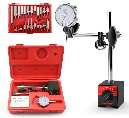 NORTOOLS Dial Indicator with Magnetic Base 0-1.0 & Point Set Dial Test Indicator 0.001 Precision Measuring Gauge Tools Kit， Magnetic Dial Indicator Base Holder with Fine Adjustment