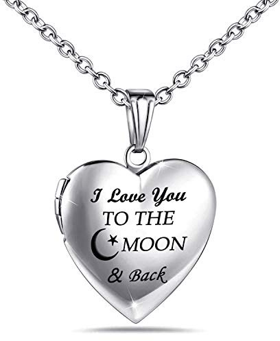 Love Heart Locket Necklace that Holds Pictures I Love You to the Moon and Back Engraved Photo Locket for Woman Jewellery